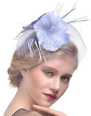 Fashband Fascinators Hut Feder Mesh Blume Kopfschmuck Vintage Cocktail Kopfschmuck Hochzeit Tee Party für Frauen und Mädchen(grau)