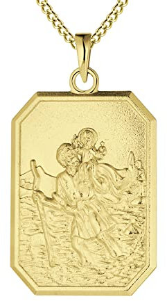 FJ 18K Vergoldet Heiliger Christophorus Kette Herren Damen 925 Sterling Silber Heiliger Christophorus Anhänger Halskette St Christopher Schmuck für Frauen Männer 24 Kette (Quadratisch)