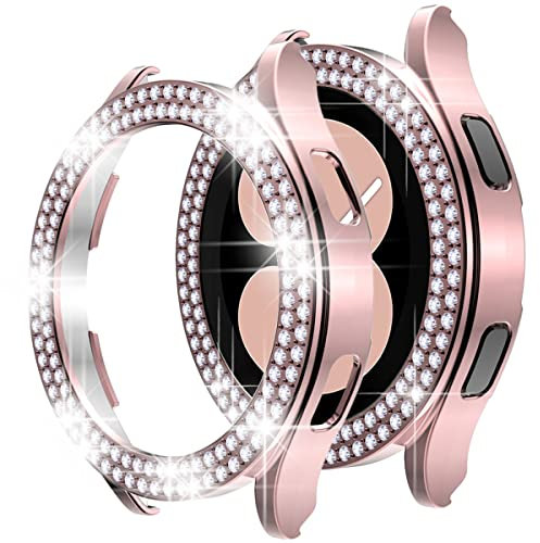 Miimall Coque compatible avec Samsung Galaxy Watch 4 40 mm/44 mm, double rangée de strass en polycarbonate rigide antichoc pour Galaxy Watch 4 - Rose