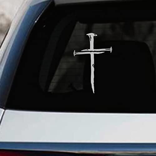 Leniutor 2 Stück Nagel-Aufkleber für Autos, christliches Kreuz, reflektierend, wasserdicht, Vinyl-Autoaufkleber für Stoßstangen, LKW, Fensteraufkleber, 11,5 x 18 cm (2 Stück, gebürstetes Silber)