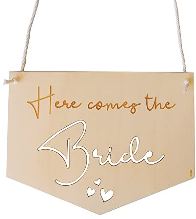 nagu® Hochzeitsschild Herz Holz 35x30 cm | Personalisiertes Schild Hier kommt die Braut | Photobooth Hochzeit mit Baumwollschnur | Deko Eingang Braut