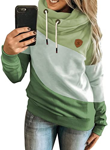 Dokotoo Damen Kapuzenpullover Farbblock Hoodie Pullover Stehkragen Langarm Sweatshirt Oberteile Pulli für Herbst Winter, grün, M