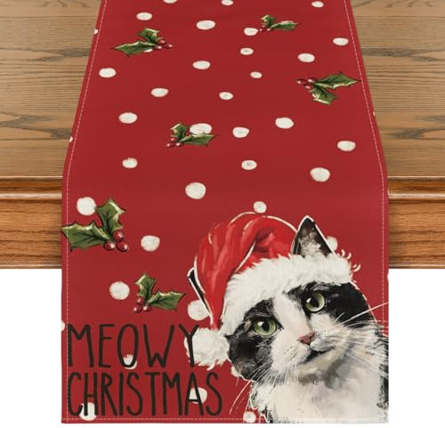 Artoid Mode Katze Mistel Tupfer Meowy Christmas Weihnachten Tischläufer, Küche Tisch Dekoration Drinnen Urlaub Party Dekor 40x140 cm