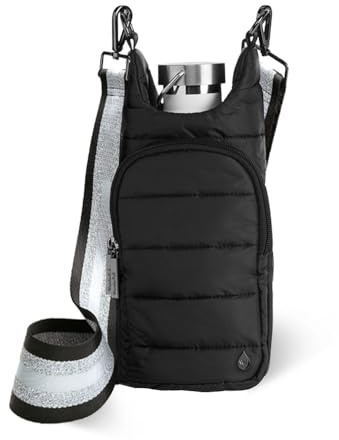 WanderFull® Original HydroBag®, Fits Up to 32 oz Water Bottle Holder with Strap, Hands-Free Crossbody, Water Bottle Carrier Bag with Phone Pocket - Black Matte w/Striped Strap