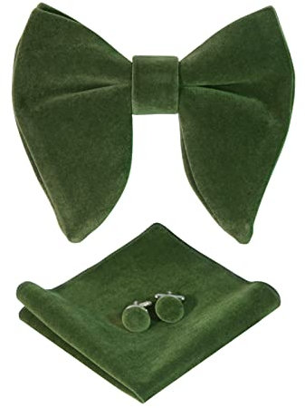 HOULIFE Fliege Herren Set - Verstellbare Fliege aus Samt Vorgebunden Fliege, einfarbige Einstecktuch, Manschettenknöpfe Set für Bräutigam Hochzeit formal mit Geschenkbox (Olivgrün)