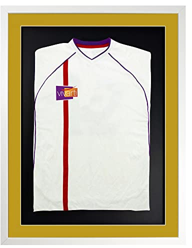 Vivarti DIY Junior 3D Mounted Sports Shirt Display Frame for Football Shirt, Rugby Shirt, Band T-Shirt Shadow Box - 50 x 70cm - Gloss White Frame, Gold Mount, Black Backing Card