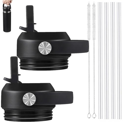 Straw Lid for Yeti Rambler 26 36 46 64 oz Bottles, Lids with Straws and Handle, Replacement Cap for Yeti Jr 12 18 Ounce Kids Bottle Accessories, Leak-Proof, Easy to Carry, BPA Free, Black - 2 Pack