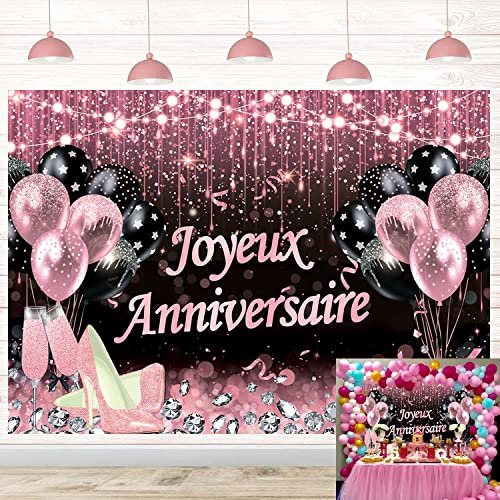 Toile de fond Joyeux pour anniversaire de mariage - Ballons roses à paillettes scintillantes - Bannière pour photographie - Décoration de fête - 180 x 120 cm