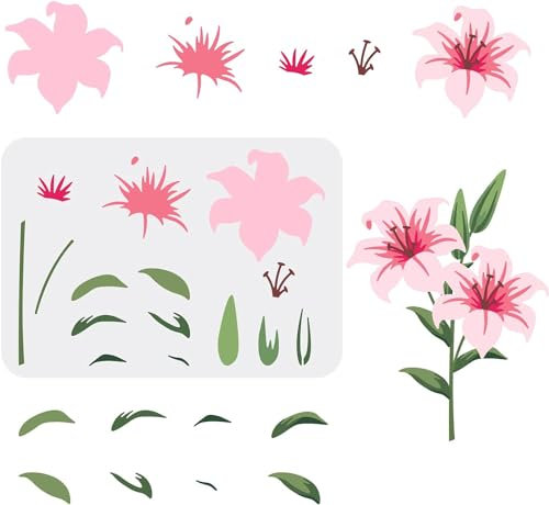 MAYJOYDIY Stencil a strati con fiori di giglio, stencil riutilizzabili 29,7 × 21 cm, modello di arte botanica primaverile su legno, tela, carta, tessuto, pavimento