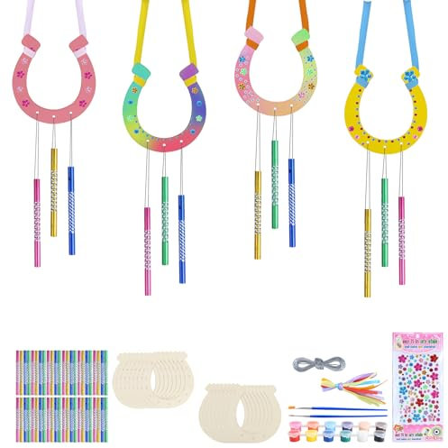 Aitsite Juego de 16 carillones de viento para niños, herradura, carillón de viento de madera, manualidades, colorear, juegos creativos para niñas, niños, juego de manualidades, cumpleaños infantiles,