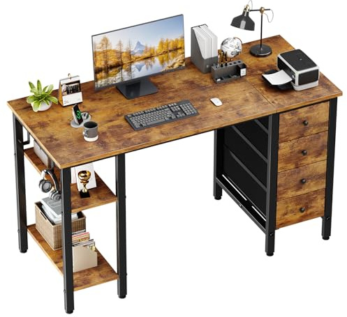 Lufeiya Computertisch mit 4 Schubladen und Aufbewahrungsregalen, Schreibtischschreibtisch für Zuhause, Büro, Schlafzimmer, modern, schlicht, für Studenten, PC, rustikales Braun, 119,4 cm