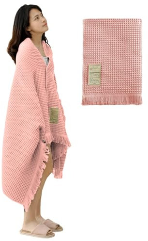 Jamron Coton Pur Gaufré Serviette de Bain Séchage Rapide Douceur 180x90cm Drap de Bain Grande Châle à Pompon SN079108 Rose Clair