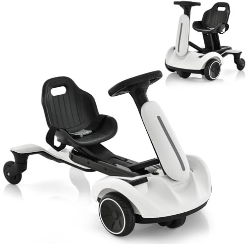 COSTWAY Electric Ride on Drift Car, 6V Battery Powered Racing Kart with 2-Position Adjustable Seat, 360° Spin Wheels, Horn, 2 Speeds Go Kart for Kids Aged 3-8 Years Old (White)