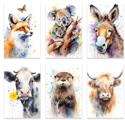 ZXHYWYM Baby Safari Tiere Leinwandbild 6 teilig Fuchs Koala Pferd Kuh Otter Hochlandrinder Wanddrucke niedliches Wald Poster Aquarell Kinderzimmer Wanddekoration (D Kein Rahmen (40x60cmx6))