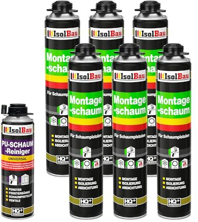 Isolbau Bauschaum-Set - Inkl. 6 x 1K Montageschaum B2 Pistolenschaum mit hervorragender Schall und Wärmedämmung (je 750 ml) & 1 x PU-Schaum-Reiniger (500 ml), Verfüllen