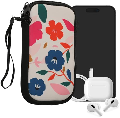 kwmobile Handytasche für Smartphones M - 5,5 - Neopren Handy Tasche Hülle Cover Case Schutzhülle - Blumen Farbenfroh Pink Dunkelblau Creme - 15,2 x 8,3 cm Innenmaße