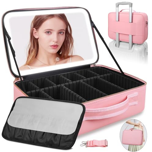 Große 38 X 30cm Reise-Make-up-Tasche mit Spiegel, professioneller Kosmetiktasche mit Spiegel-3 Farbmodi, Dimmbare beleuchtete, Make-up-Organiser mit beleuchtetem Spiegel, PU-Leder-Abdeckung