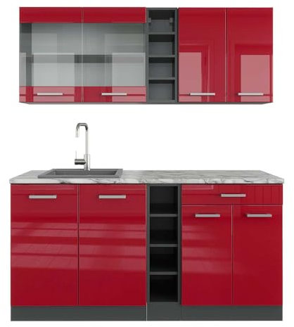 Vicco Singleküche R-Line, Bordeaux Hochglanz/Anthrazit, 160 cm, AP Marmor