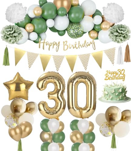 Deko 30 Geburtstag Frauen,Deko 30 Geburtstag Mann,Geburtstagsdeko 30 Männer Frauen, geburtstagsdeko 30 Party Set,Avocado Grüne Gold Luftballons mit Happy Birthday Deko Banner konfetti für Frau Mann