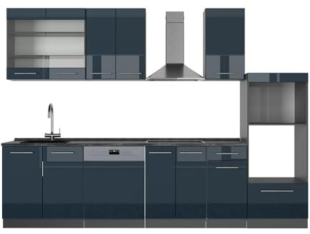 Vicco Küchenzeile Fame-Line, Dunkelblau Hochglanz/Anthrazit, 300 cm mit Hochschrank, AP Anthrazit