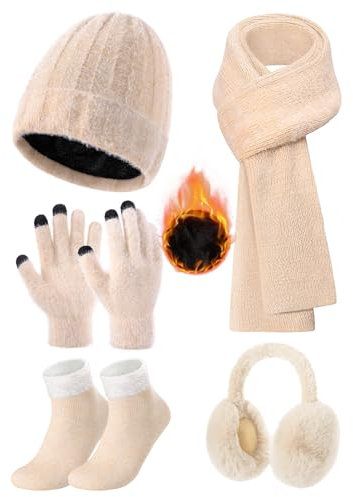 Svanco Mütze, Schal & Handschuh-sets für Damen, Wintermütze mit Fleece+Touchscreen Handschuhe+Langer Schal+Winddichte Ohrenschützer+Strick Socken