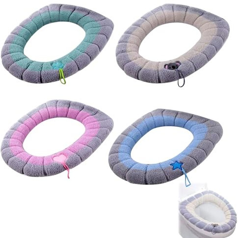 Kiuiom Toilette Copri Sedile,Warm Coprisedile Copriwater,Caldo Cuscino del Sedile del Water,Copri Sedile WC Morbido Invernale,Tappetino WC Lavabile,4 Pezzi