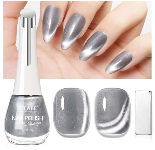 SUPWEE Quick Dry Nail Polish - Schnelltrocknender Silber Cat Eye Nagellack mit Magnet Holographic Glitzer Magnetischer Nail Polish Oil Based Katzenauge Nagellack DIY Salon