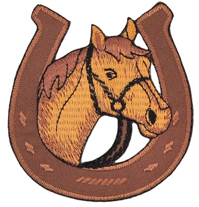 Pferd Hufeisen Aufnäher zum aufbügeln oder aufnähen Bügelbild Aufbügler für Kleidung gestickter Bügelflicken Applikation Reiten Bauernhof Patch Größe 7,0 x 7,7 cm