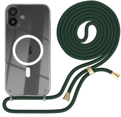 EAZY CASE - Handykette kompatibel mit iPhone 16 Plus Kette zum Umhängen Stoßfest Handyhülle für Apple iPhone 16 Plus Silikon Hülle mit Band Handytasche Transparent als Fallschutz in Grün