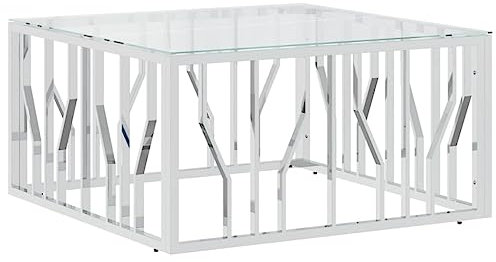 Willood Couchtisch Edelstahl Wohnzimmertisch 80x80x40 cm Ausgeschnittener Couchtisch Quadratischer Beistelltisch Glasplatte Edelstahl und Glas