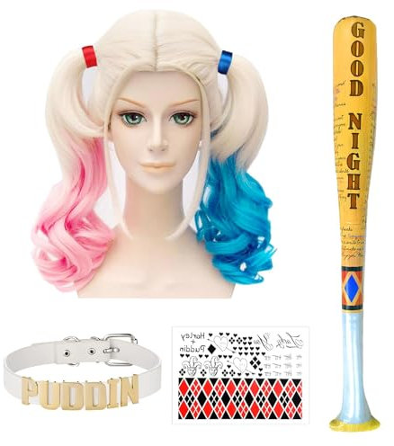 Cosplay Perücken Rosa und Blau Perücke mit Zwei Pferdeschwänzen,Aufblasbarer Baseballschläger,Verstellbar Halskette,Tattoo-Aufkleber,Kostüm Accessoires,für Karneval Halloween Fasching Kostüme Party