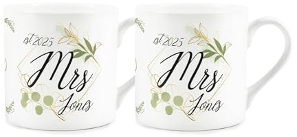 Purely Home Personalised Established Mrs & Mrs Mugs Set - Custom Eucalytpus Theme Lesbian Wedding Bride Gifts - Green & Gold Bone China Tea/Coffee Cups Presents