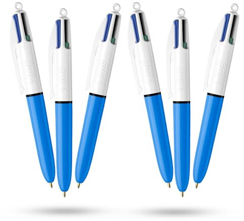 BIC Lot de 6 mini stylos rétractables 4 couleurs 12 cm avec quatre encres vives assorties pour l'école, le bureau et le code couleur