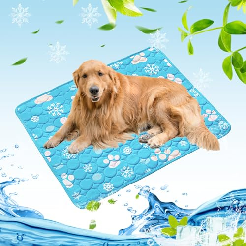 Kühlmatte Hund, 100x70cm Kühldecke Hund, Kühlmatte für Große Hunde Katze, Selbstkühlende Hundematte, Hundedecke Sommer für Haustiere für Zuhause Unterwegs Oder im Auto(Blau - Hundepfotenabdrücke)