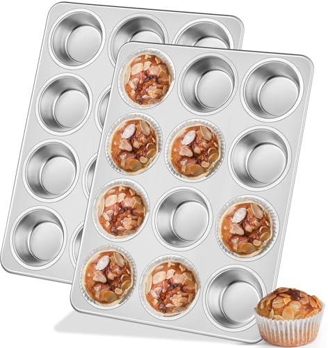 Leonyo Non-Toxic Stainless Steel Muffin Cupcake Pan 12 Cup, 2 Pack | Standard Size Metal Muffin Tin Tray for Baking Cupcake Quiches, Dishwasher Oven Safe