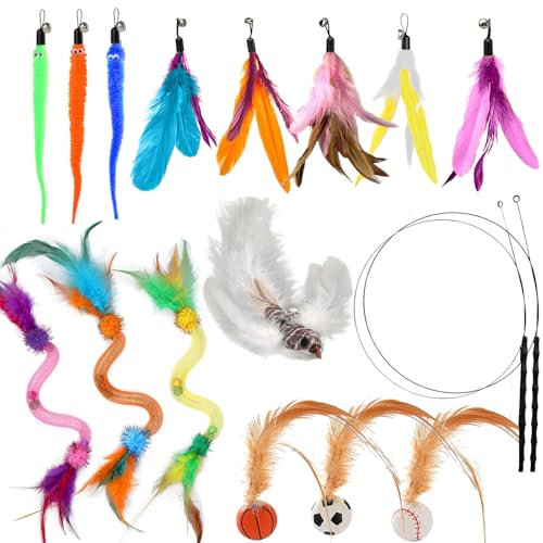Fantspati Juguetes para Gatos, Que Incluye 2 Cañas de Pescar con 1 Cascabel, 8 Plumas de Repuesto, 3 Cuerda Elástica de 3 Pelotas Saltarinas con Plumas y un Juego de Juguetes Interactivos