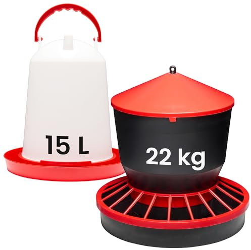 Garronda Set: Hühnertränke 15 L & Futterautomat 22 kg – Automatischer Wasserspender & Futterspender für Hühner, Wachteln und Küken, leicht zu reinigen, aus BPA-freiem Kunststoff GD-0152
