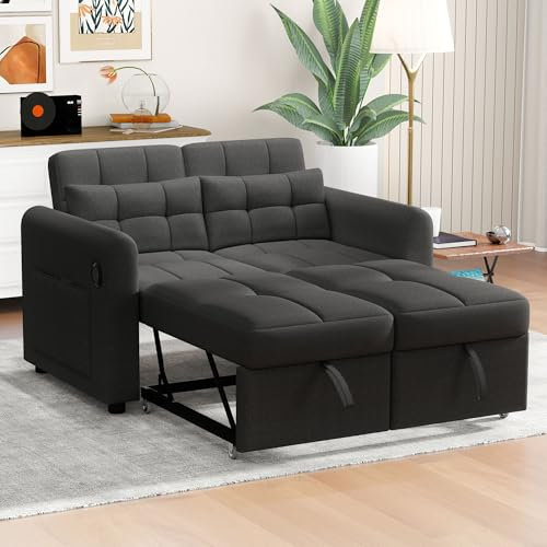 Merax Schlafsofa mit Bettkasten, 2-Sitzer Sofa mit Schlaffunktion, Klappbares 3-in-1 Schlafcouch mit Verstellbarer Rückenlehne, USB-Anschlüssen und Armlehnentaschen, Grau 142 x 85 x 83 cm