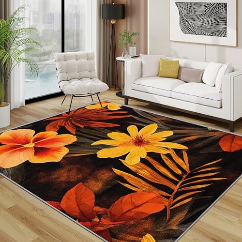 TerroVee Blumen Teppich Schlafzimmer, Tropisch Geblümt Botanisch Teppich 120x170 cm, Leuchtend Pflanzen Waschbar Kurzflor Antirutsch Teppiche Für Wohnzimmer Schlafzimmer, Orange Gelb