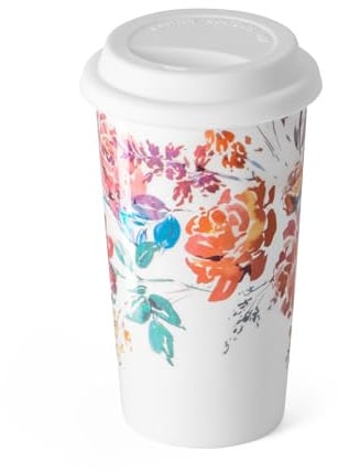 Ceramic Coffee Travel Mug 12 Oz with Lid Spill & Leak Proof, Double-wall Insulated Travel Coffee Mugs Watercolor Peonies Pattern, Gift for Her on Christmas Birthday Mothers Day, White & Pink Flower