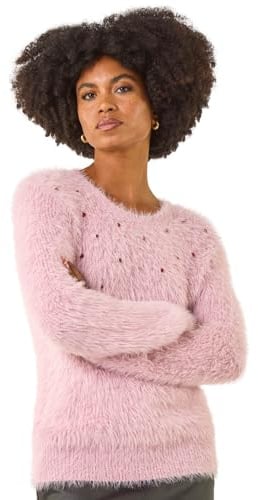Roman Originals Fluffy Yarn Jumper for Women UK Ladies Thick Sweater Warm Cosy Chunky Knitted Pullover Winter Furry Casual Smart Textured Everyday Cuddly Soft Knitwear - Sparkly Light Pink - Size 12