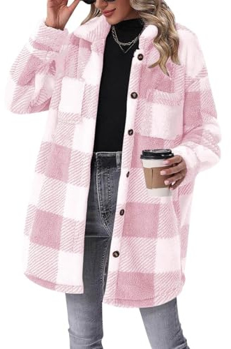 KUUFUUT Veste Polaire Douce pour Femme Surchemise À Carreaux Longue et Ample Boutonnée Cardigan D'Hiver/Automne Chaud avec Poches Veste Polaire Teddy pour Femme Rose Taille Xxl