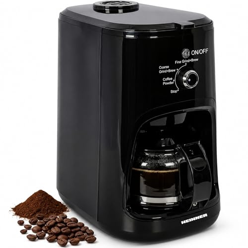 HEINNER Cafetiera cu rasnita HCM-900RBK, Filterkaffeemaschine mit Glaskanne, Edelstahl-Mahlwerk für ganze Bohnen & Kaffeepulver, 900 W, 4 Tassen, Dauerfilter, Tropfstopp, Warmhaltefunktion, Schwarz