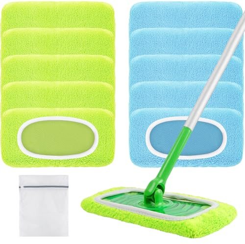 Nicemiya 10 Stück Bodentücher für Swiffer Bodenwischer Nass, Wiederverwendbaren Mikrofaser Wischmopbezug Ideal für Swiffer Bodenwischer Wet & Dry Starter（Hellblau+Hellgrün）