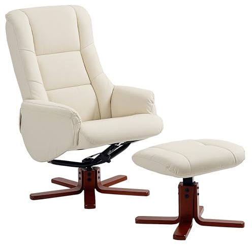 HOMCOM PU Leather Upholstered Rocking Recliner Chair with Footstool and Wood Base for Bedroom, Living Room and Studio, Cream