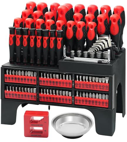 Schraubendreher Set,118-Teiliges Magnetisches Schraubendreher-Set Werkzeug-Set inklusive Ratschen-Schraubendreher,Präzisions-Schraubendreher und Magnetschüssel,Reparaturwerkzeug-Set(Rot)
