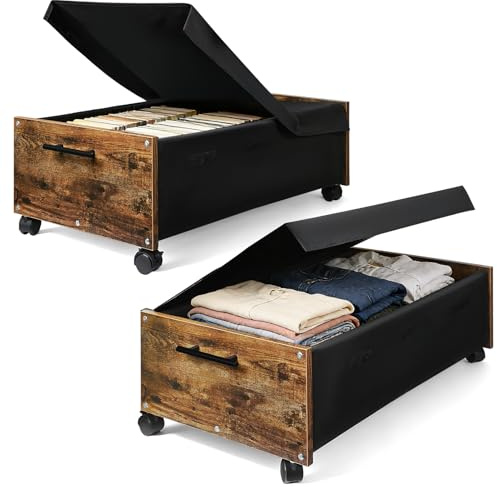 BugyKido 2er Set Unterbett Aufbewahrungsbox mit Rollen und Deckel 70L | 75x42x27,5 cm Unterbettkommode mit Holz und Metallrahmen, Bettkasten Aufbewahrung für Kleidung, Schuhe, Spielzeug und Decken