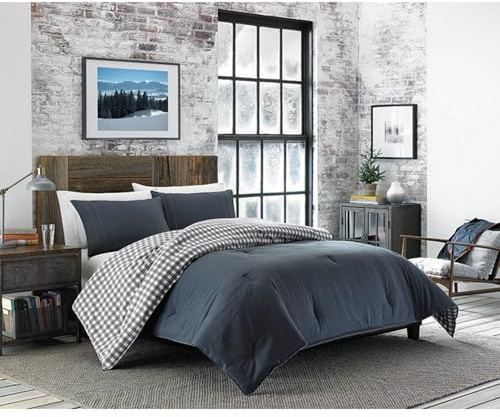 Eddie Bauer - King Comforter Set, Reversible Cotton Bedding with Matching Shams, Pre-Washed for Added Softness (Kingston Charcoal, King)