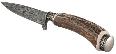 Holz-Leute Trachtenmesser, Jagdnicker, Jagdmesser, Hirschfänger für die Lederhose aus Hirschhorn mit Damastklinge 300 Lagen