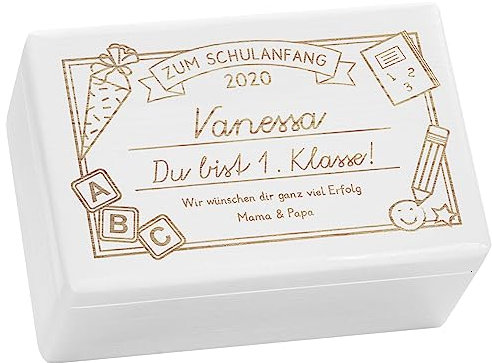 LAUBLUST Holzkiste mit Gravur - Personalisiert mit Datum | Name | WIDMUNG - Weiß, Größe M - Schreibtafel Motiv - Geschenkkiste zur Einschulung, FSC®